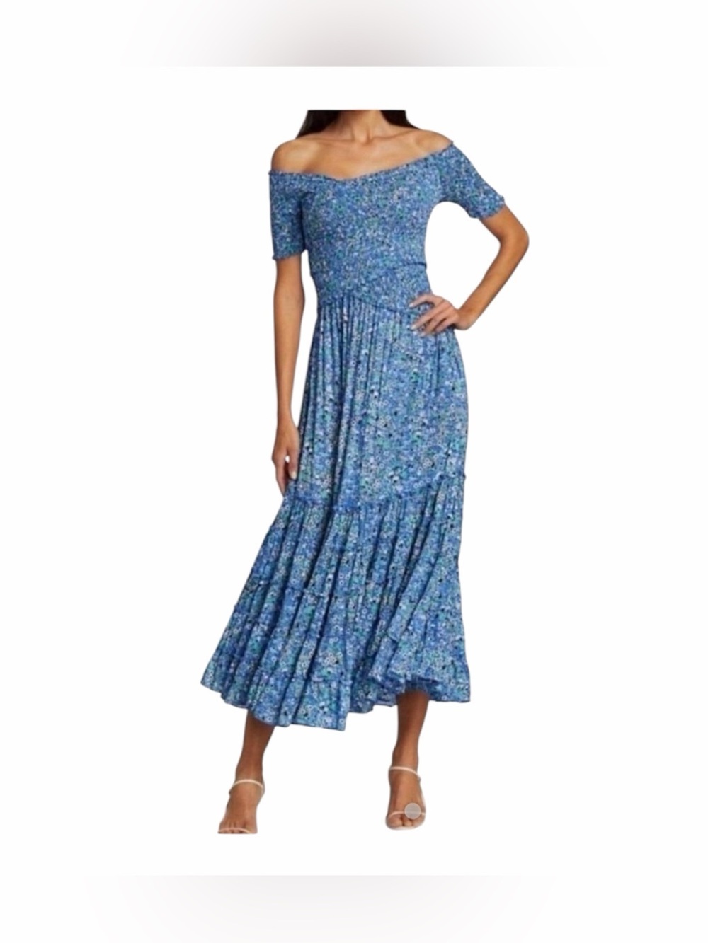 Poupette St Barth Soledad blue floral smocked bodice tierd maxi dress small